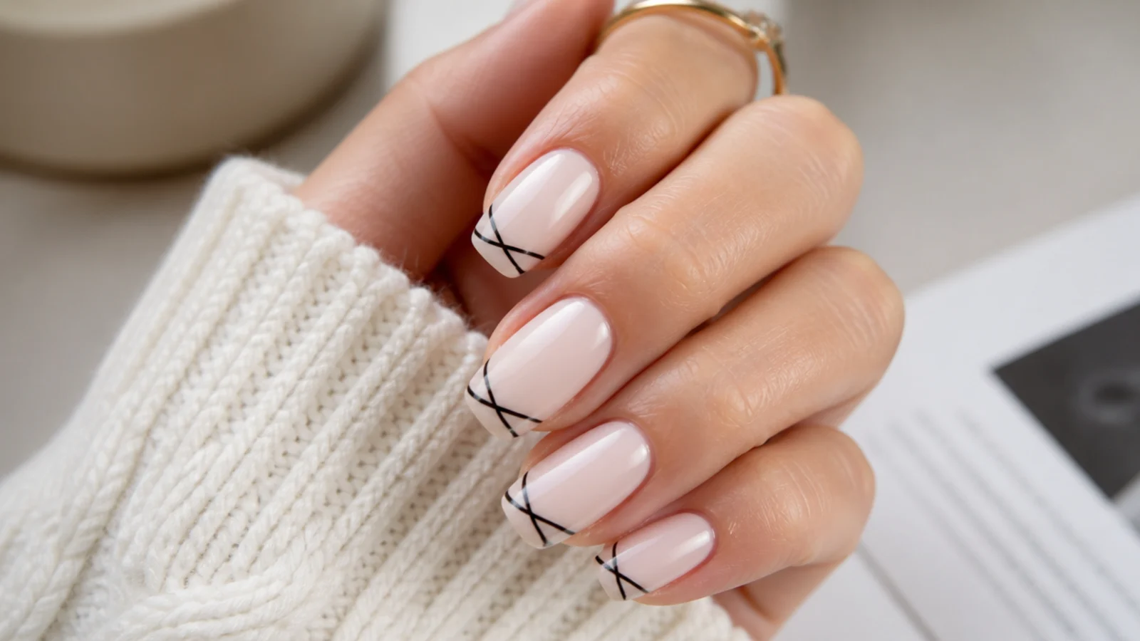 Medium oval nails with milky bases and thin black abstract lines crossing the French tip area