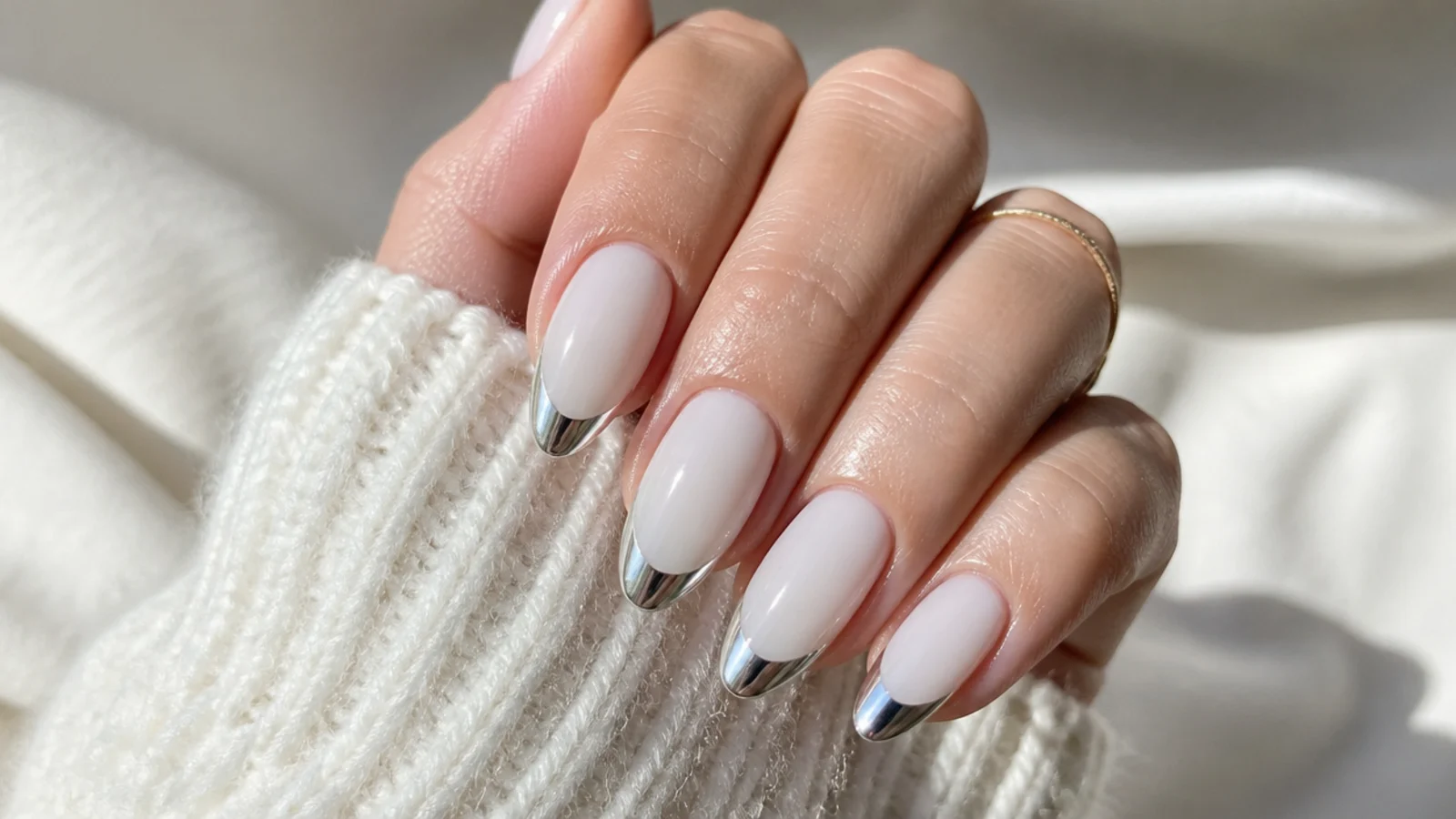 Medium almond nails with mirror silver chrome French tips over a milky white base