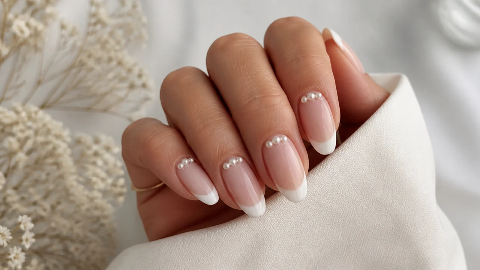 Long almond nails with milky white French tips and three small flatback pearls at the cuticle end