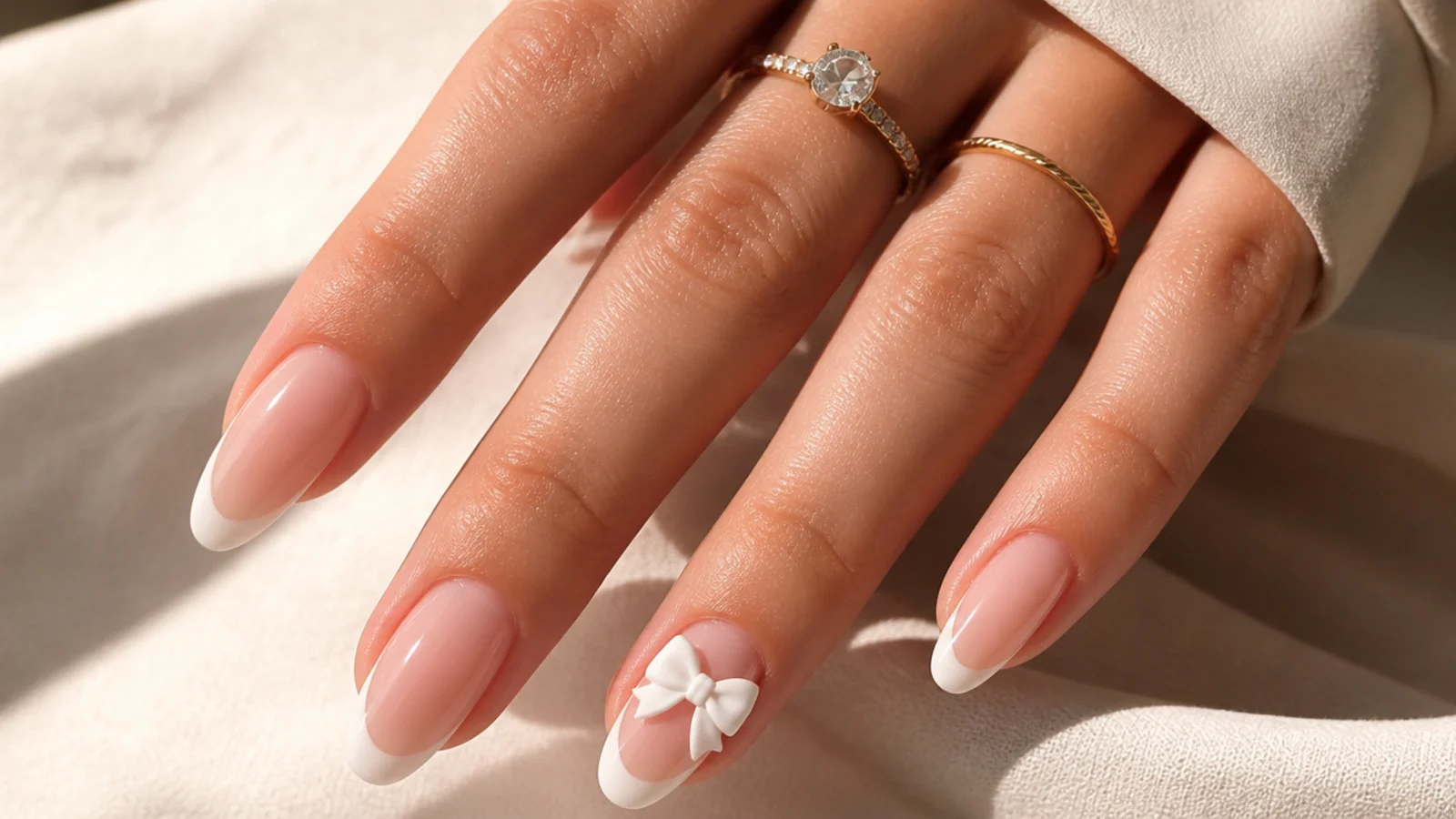 Almond nails with sheer pink bases, white French tips and a small white 3D bow on the ring finger