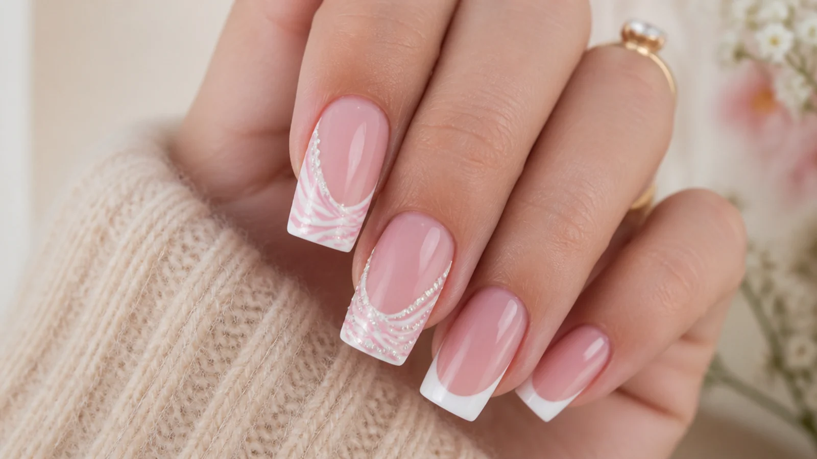 Two French tip nails compared, one with flat painted swirls and one with raised rhinestones lifting