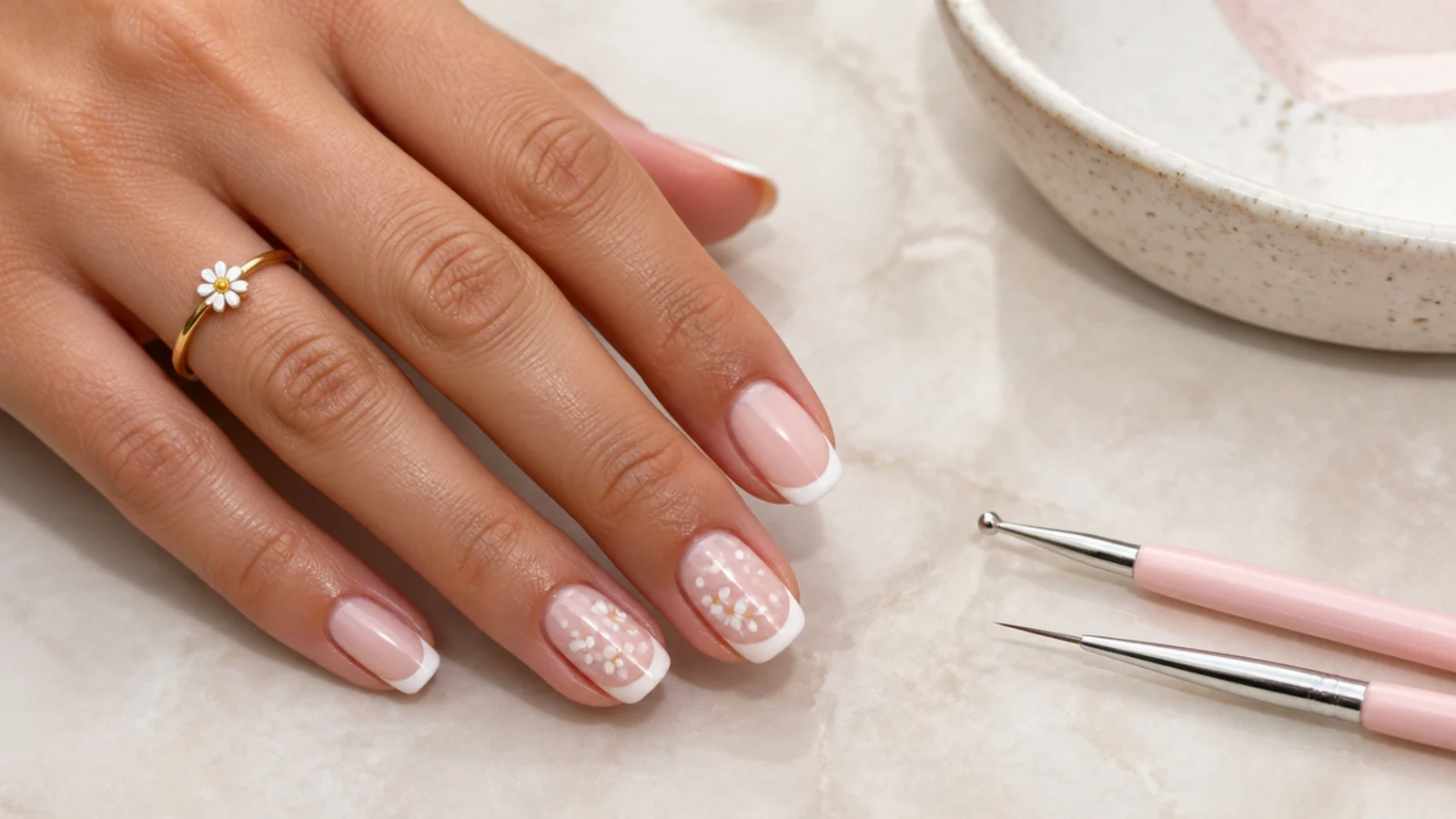 Dotting tool and thin liner brush beside a hand with white French tips and small painted daisies