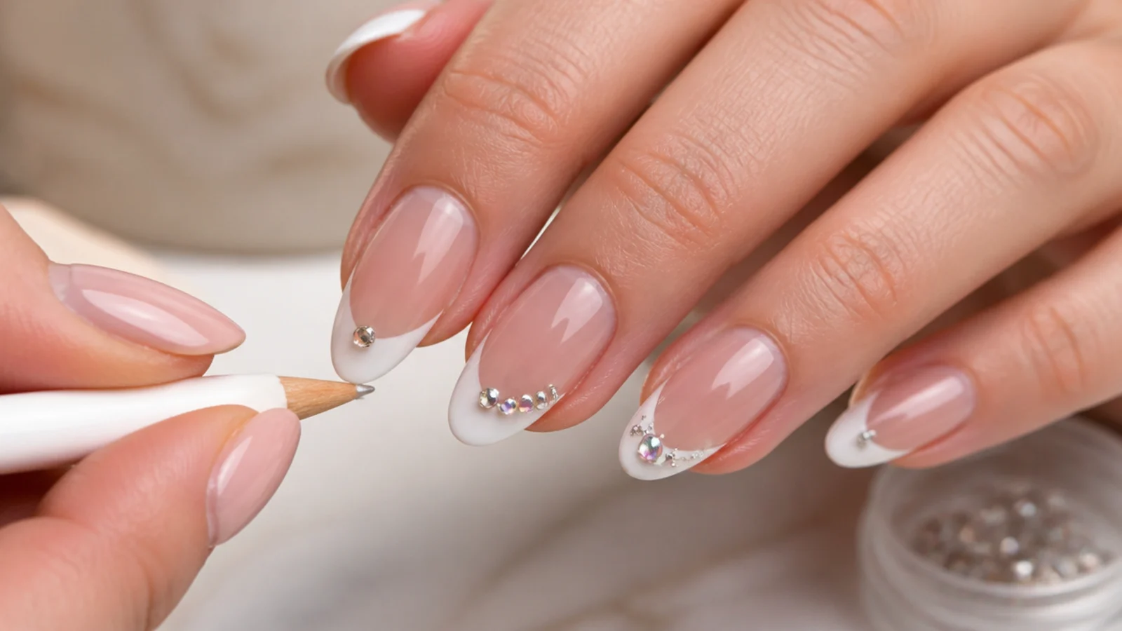 Rhinestone being placed with a wax pencil onto uncured gel along a white French tip smile line