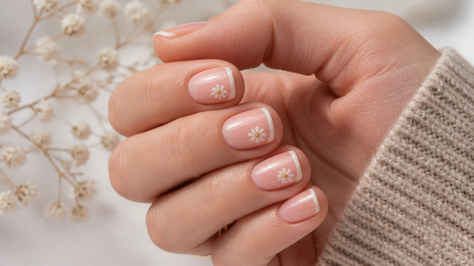 Short square nails with a hairline white French tip and a single small daisy above the smile line