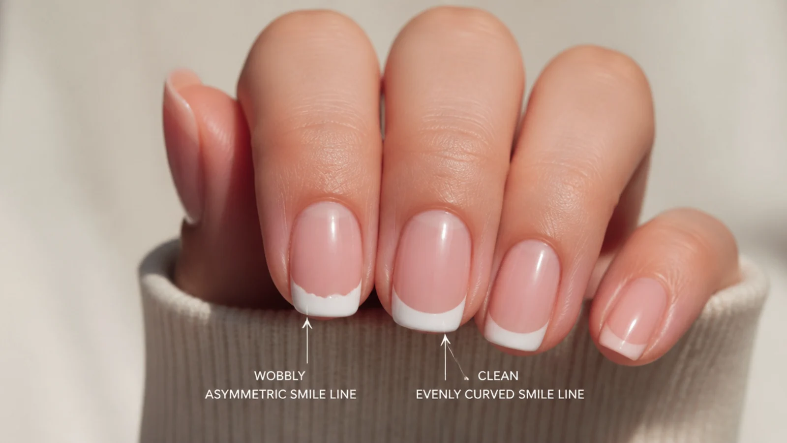 Close-up comparison of a wobbly asymmetric French smile line beside a clean evenly curved one