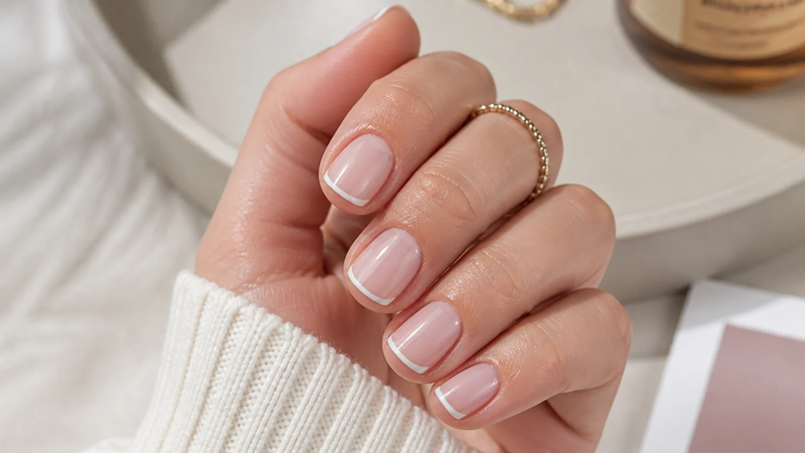 Short natural nails with a hairline white micro French tip on a bare buffed nail