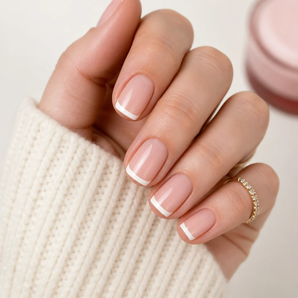 Short square nails with a shallow 2mm white French tip and a clean straight free edge