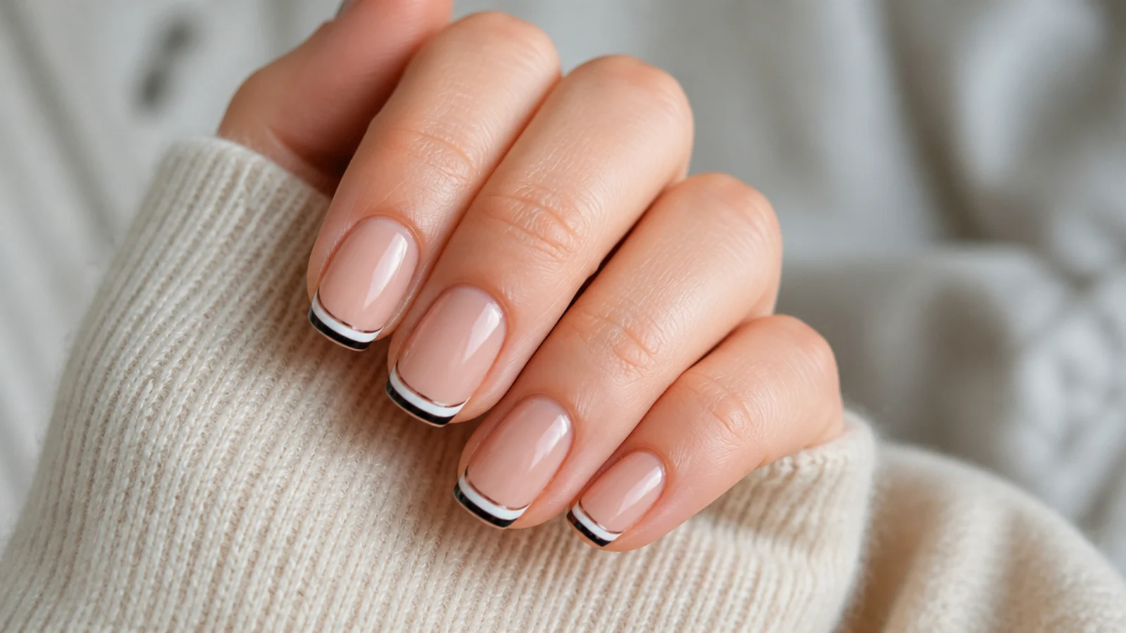 Nude nails with two stacked French tip lines in white and black along the free edge