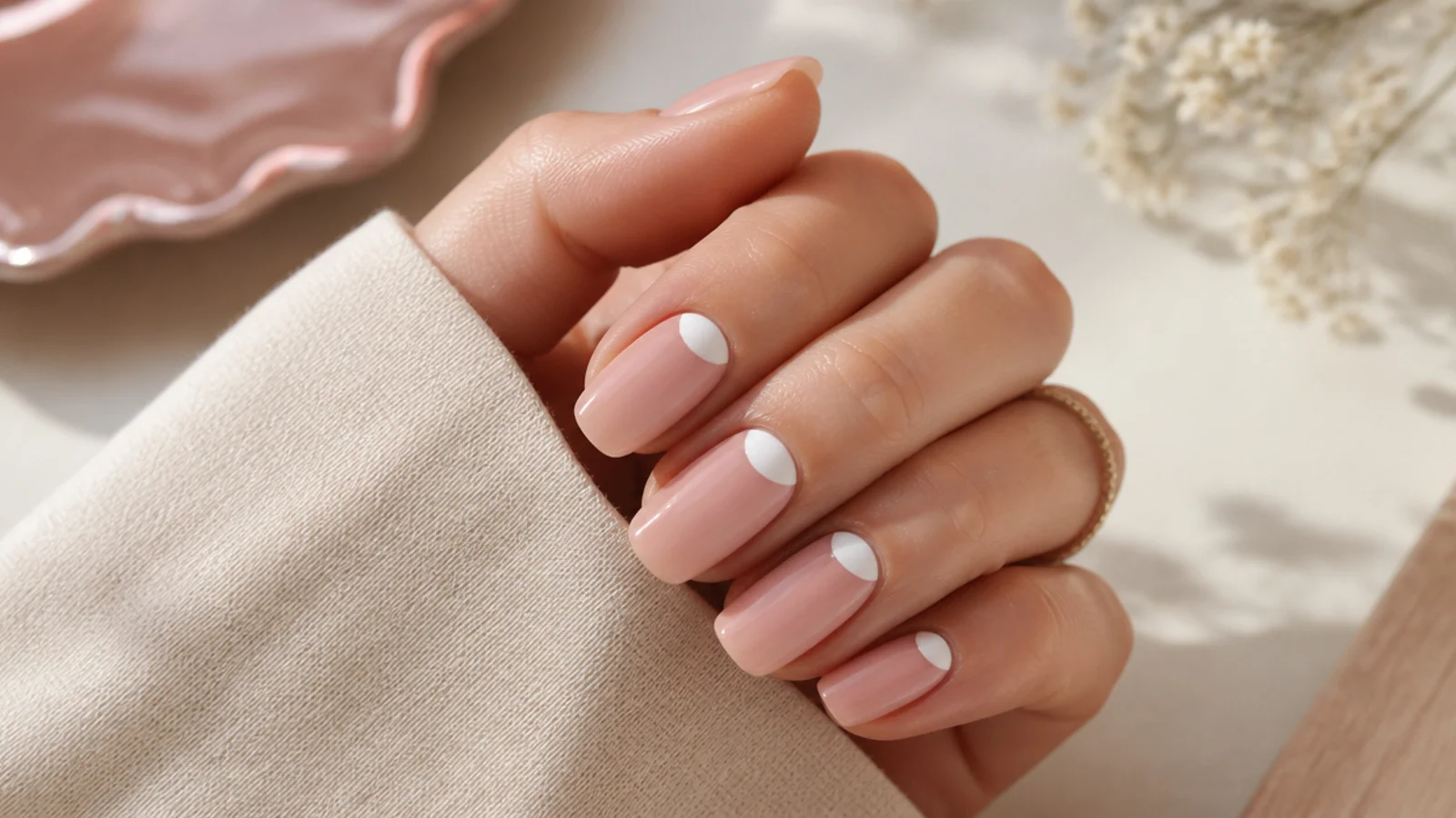 Nude nails with a reverse French half moon painted in white at the cuticle instead of the tip