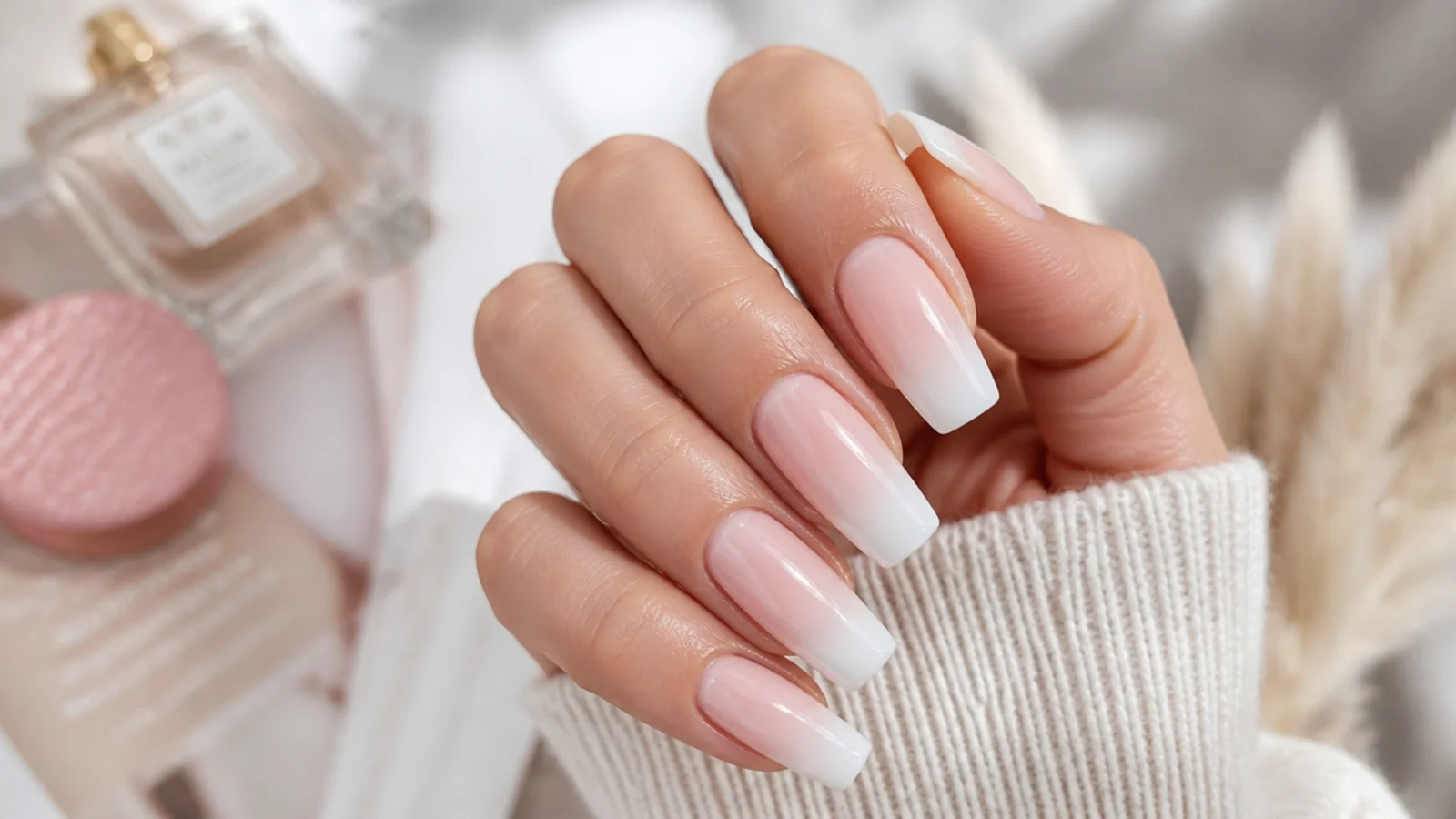 Coffin nails with a soft white ombre French fading from the tip into a pink base