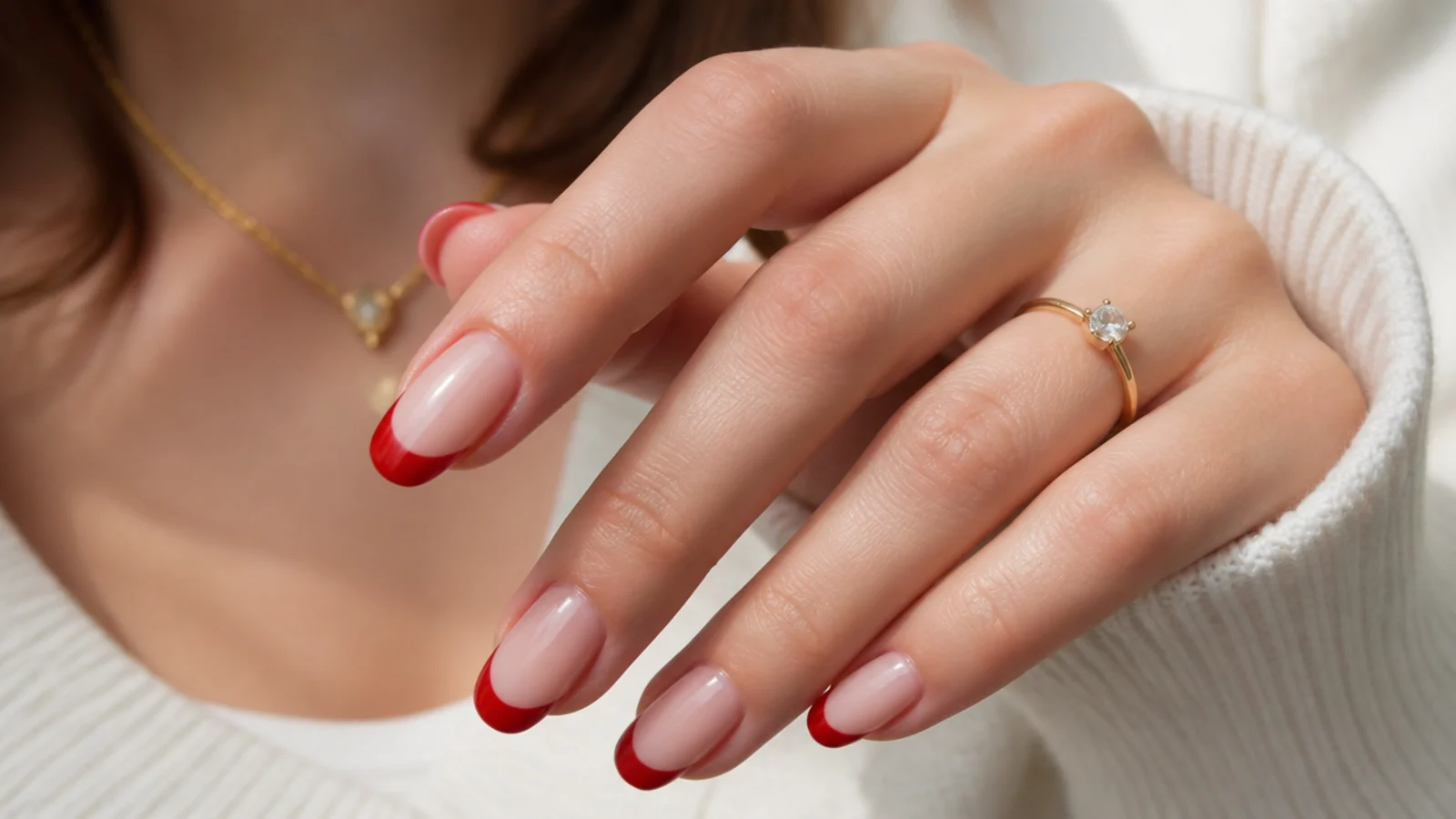 Medium almond nails with cherry red French tips over a translucent nude base