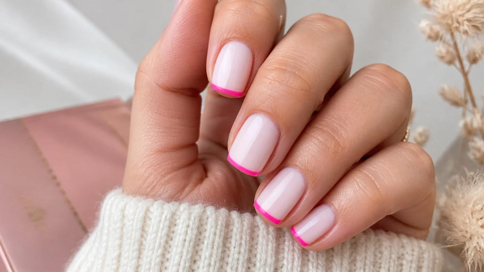 Short square nails with hot pink French tips over a milky white base