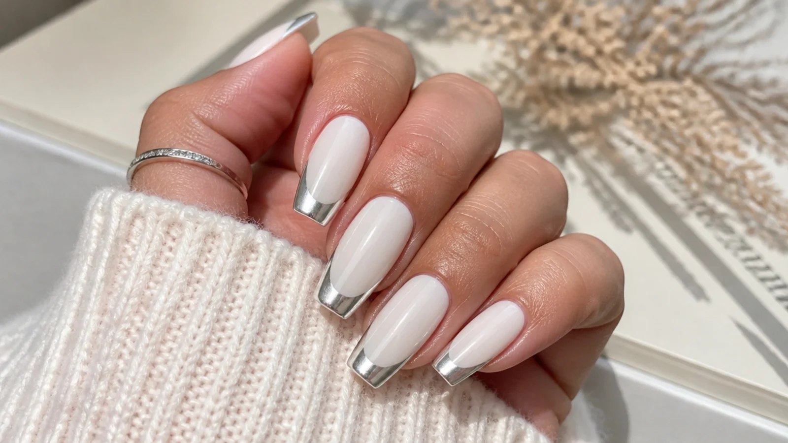 Long coffin nails with silver mirror chrome French tips over a milky white base