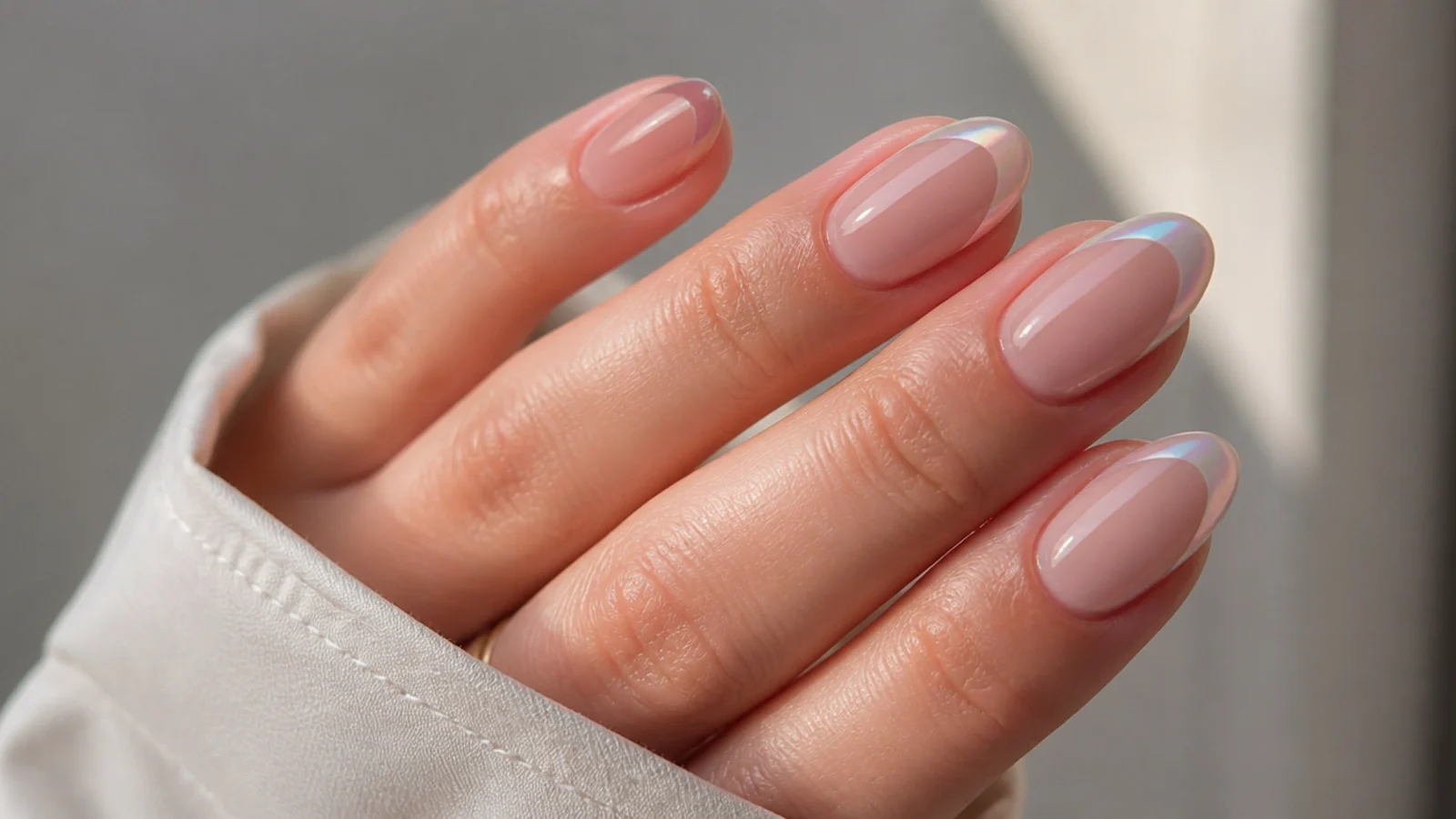 Almond nails with iridescent pearl glazed French tips shifting pink and blue in the light