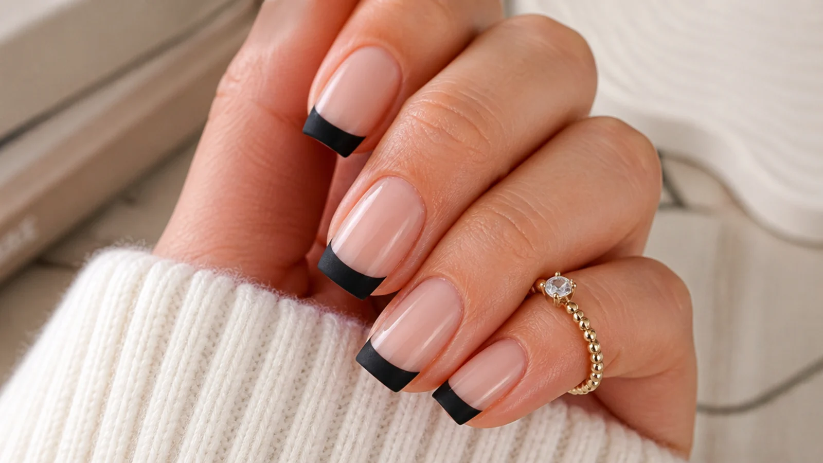 Square nails with flat matte black French tips over a glossy nude base