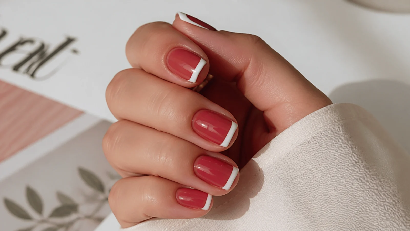 Short square nails with a translucent cherry jelly base under an opaque white French tip