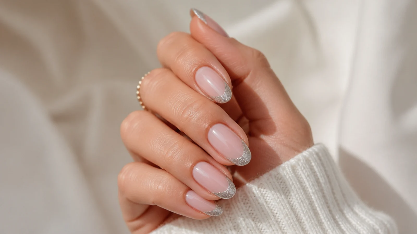Medium almond nails with silver glitter French tips over a sheer pink base