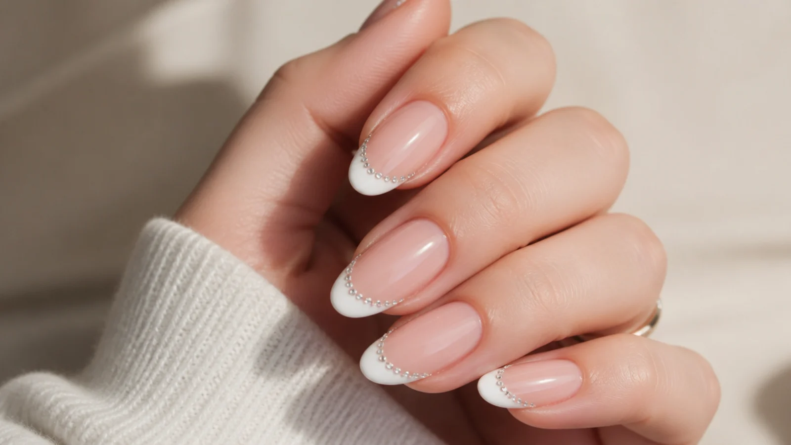 Long almond nails with tiny clear rhinestones set along the white French tip smile line