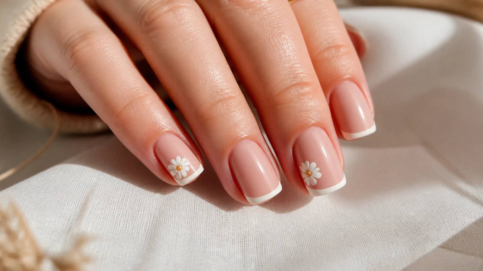 Short square nails with a small hand-painted white daisy sitting beside a nude French tip