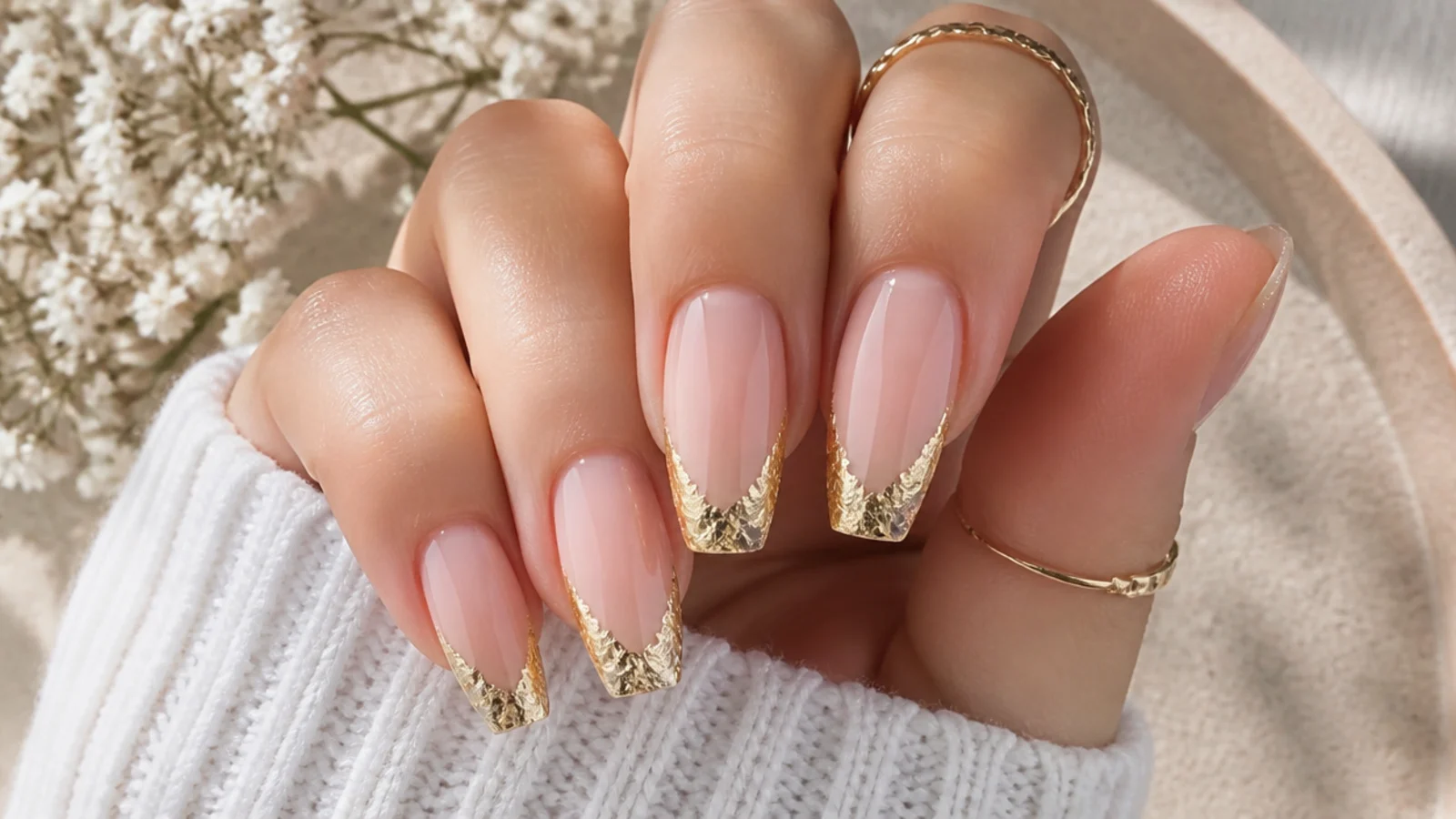Coffin nails with torn gold leaf foil pressed along the French tip edge over a nude base