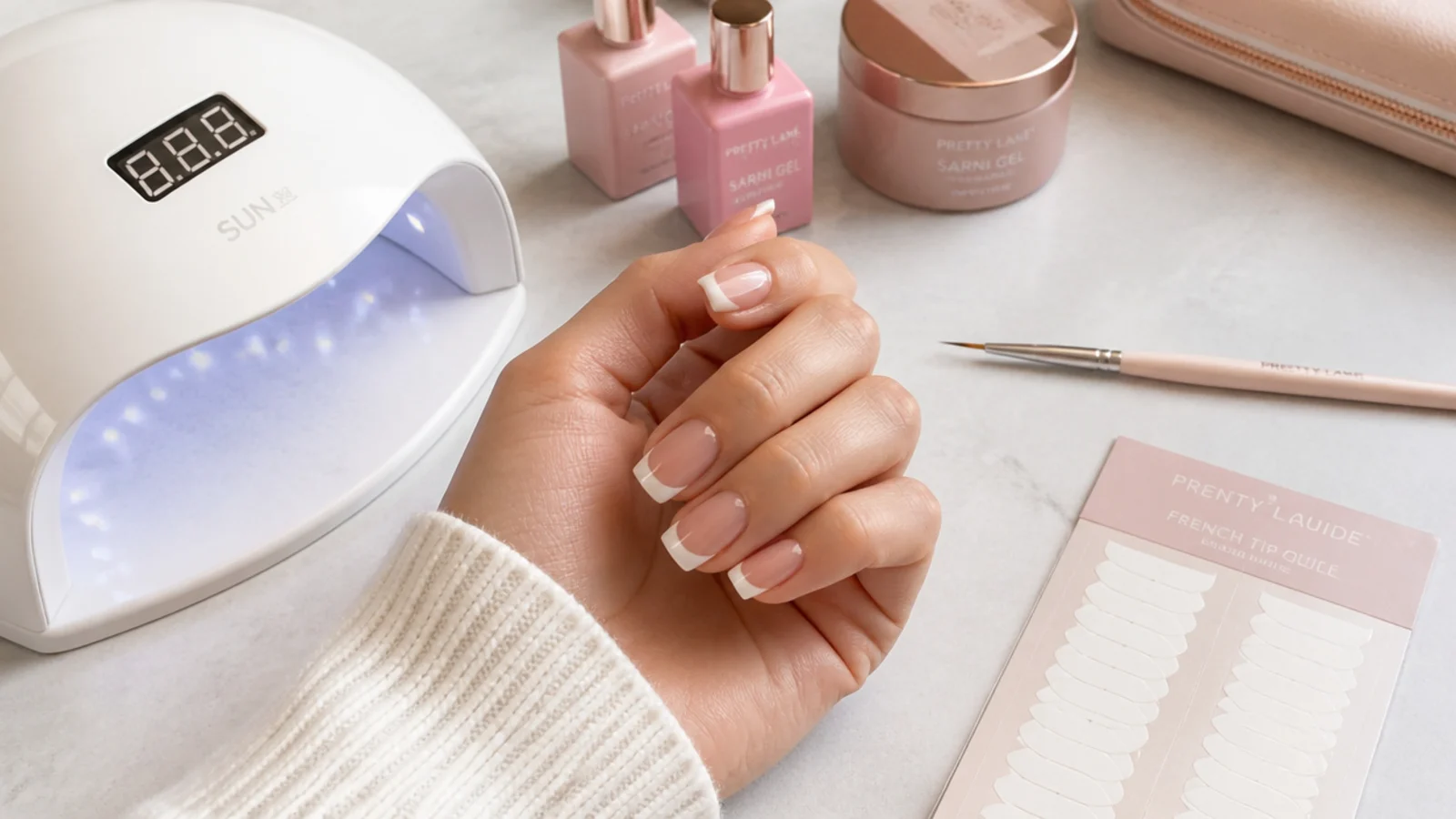 Nail salon station with gel lamp liner brush and French tip guide stickers laid out