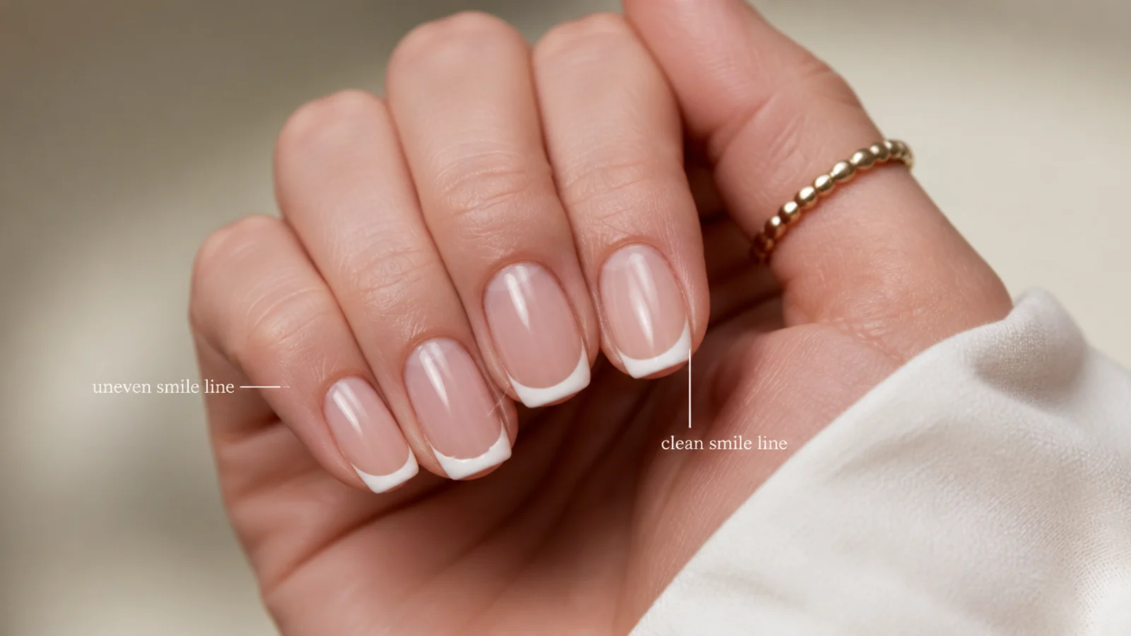 Two French tip nails compared showing an uneven dragged smile line beside a clean curved one