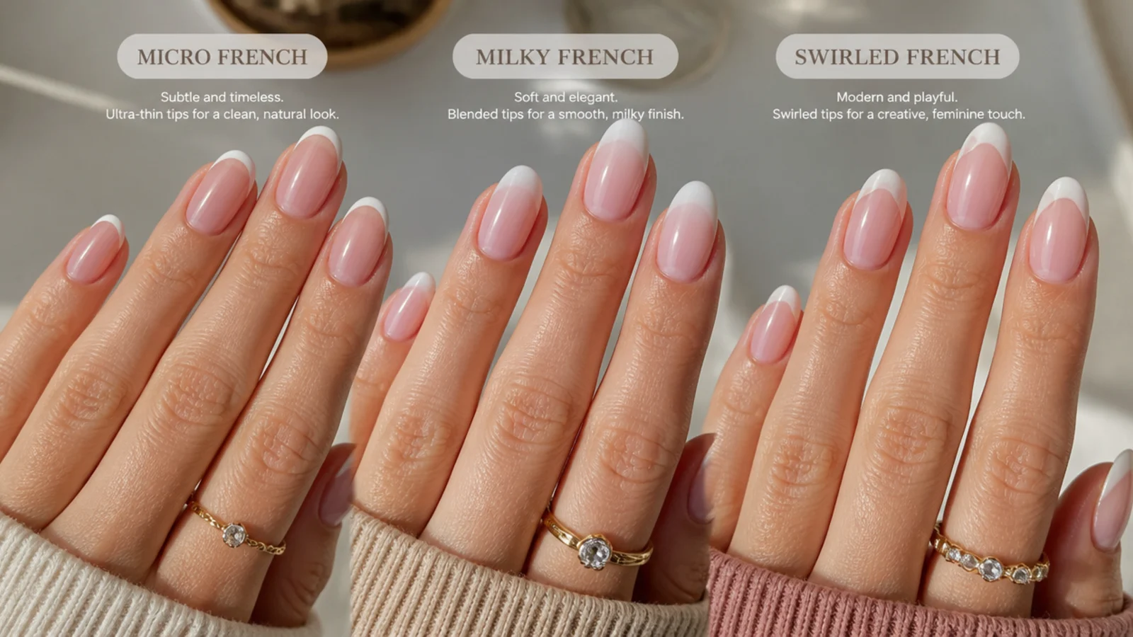 Three French tip nail sets compared showing micro, milky and swirled tips on almond nails