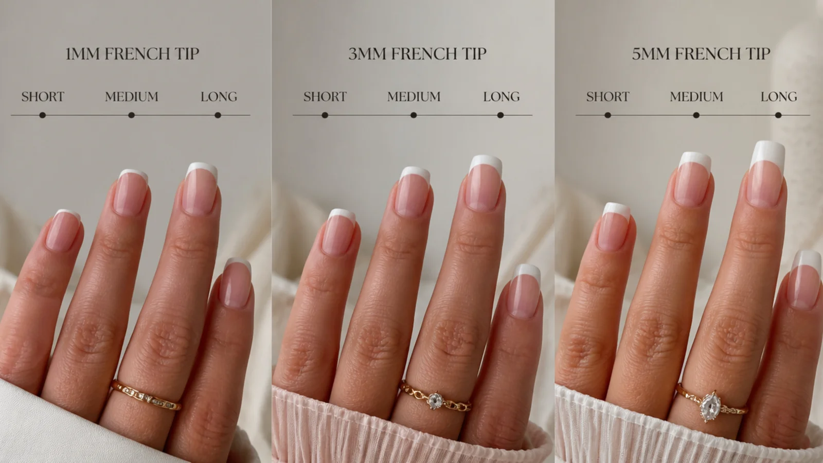 Three hands compared showing 1mm 3mm and 5mm French tip depths on short medium and long nails