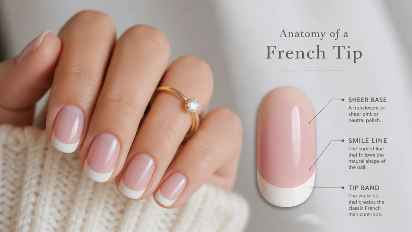 Diagram of a French tip nail showing the smile line, tip band and sheer base sections