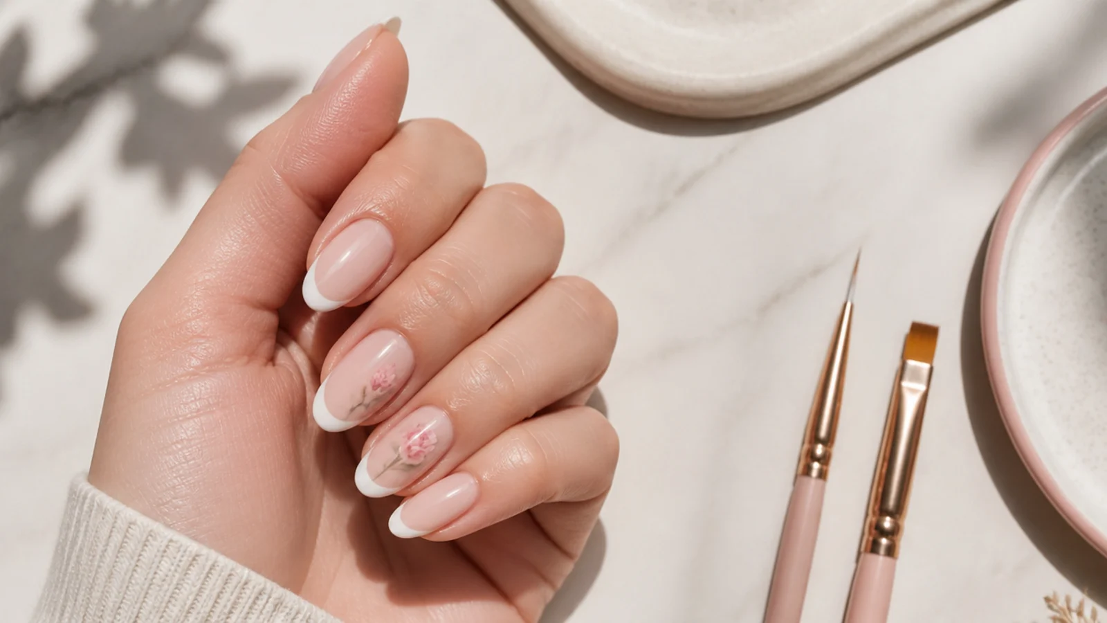 A thin nail liner brush beside a flat angled cleanup brush used for French tip smile lines