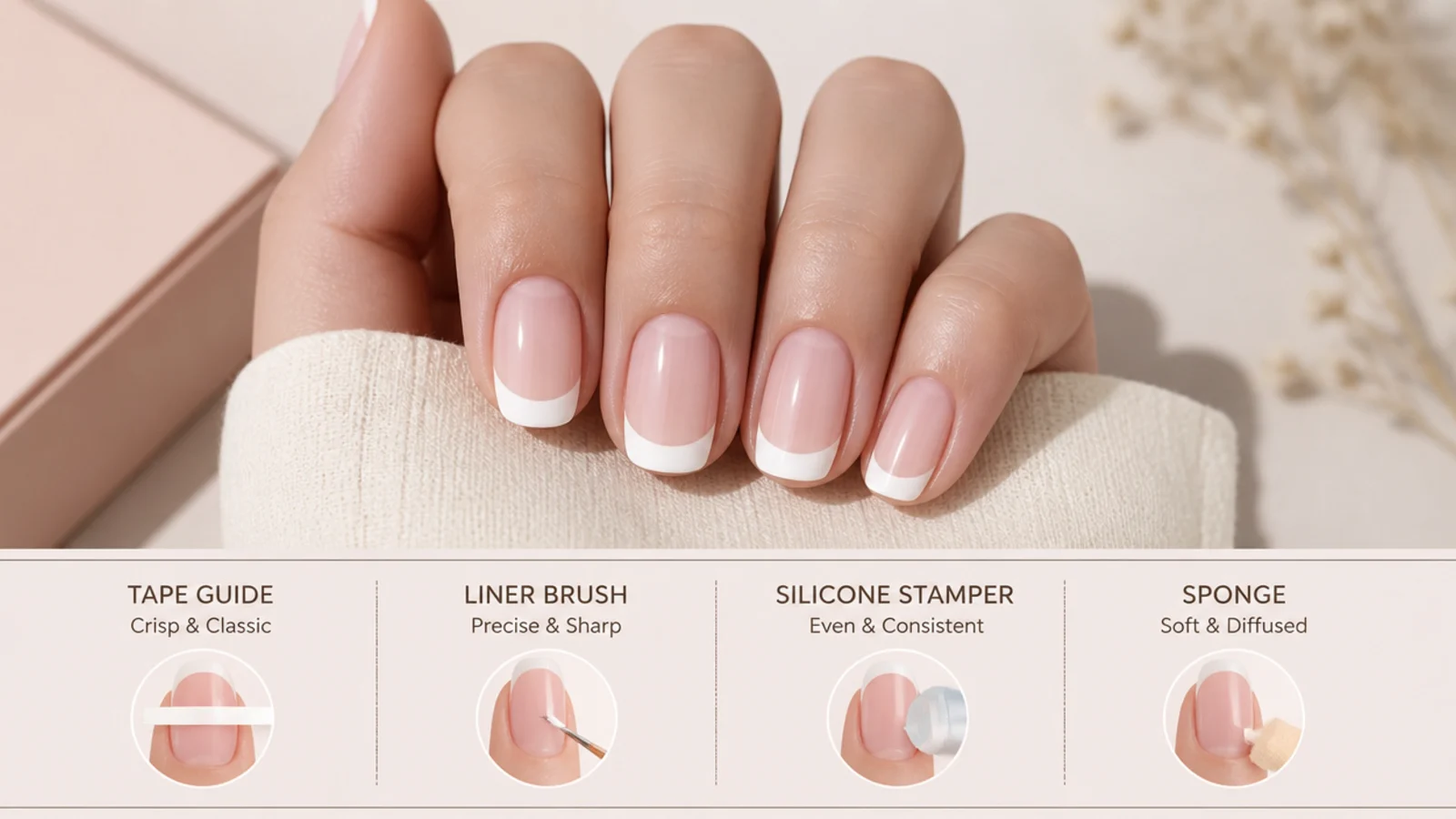 Four French tip methods compared showing tape guide liner brush silicone stamper and sponge results