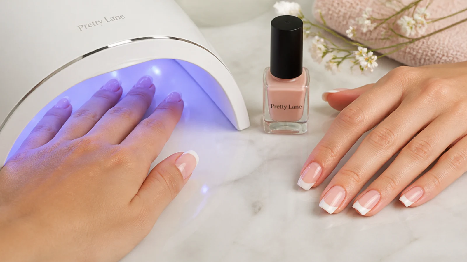 A gel French manicure curing under an LED lamp beside an air dried regular polish French tip
