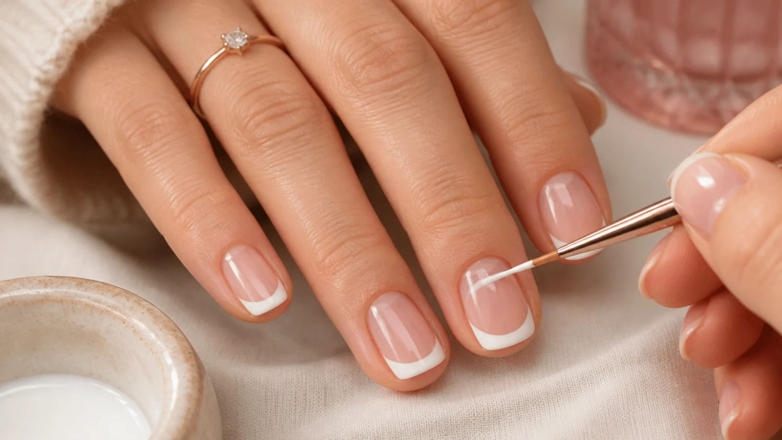 A thin liner brush painting a white French tip smile line onto a sheer nude nail