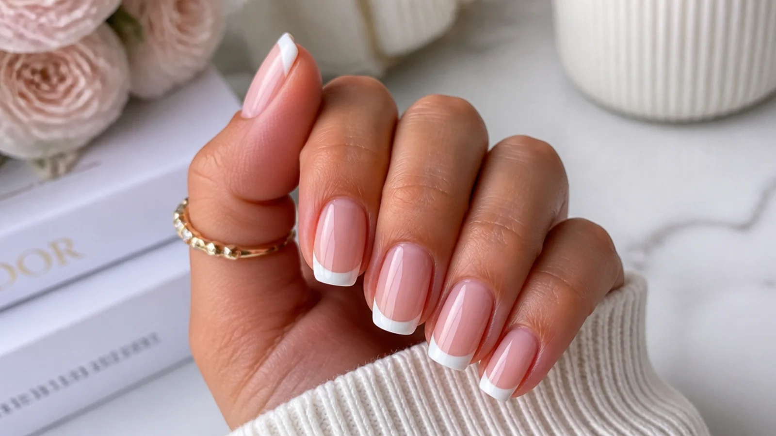 Bare nails filed to a uniform shape with cuticles pushed back before a French manicure