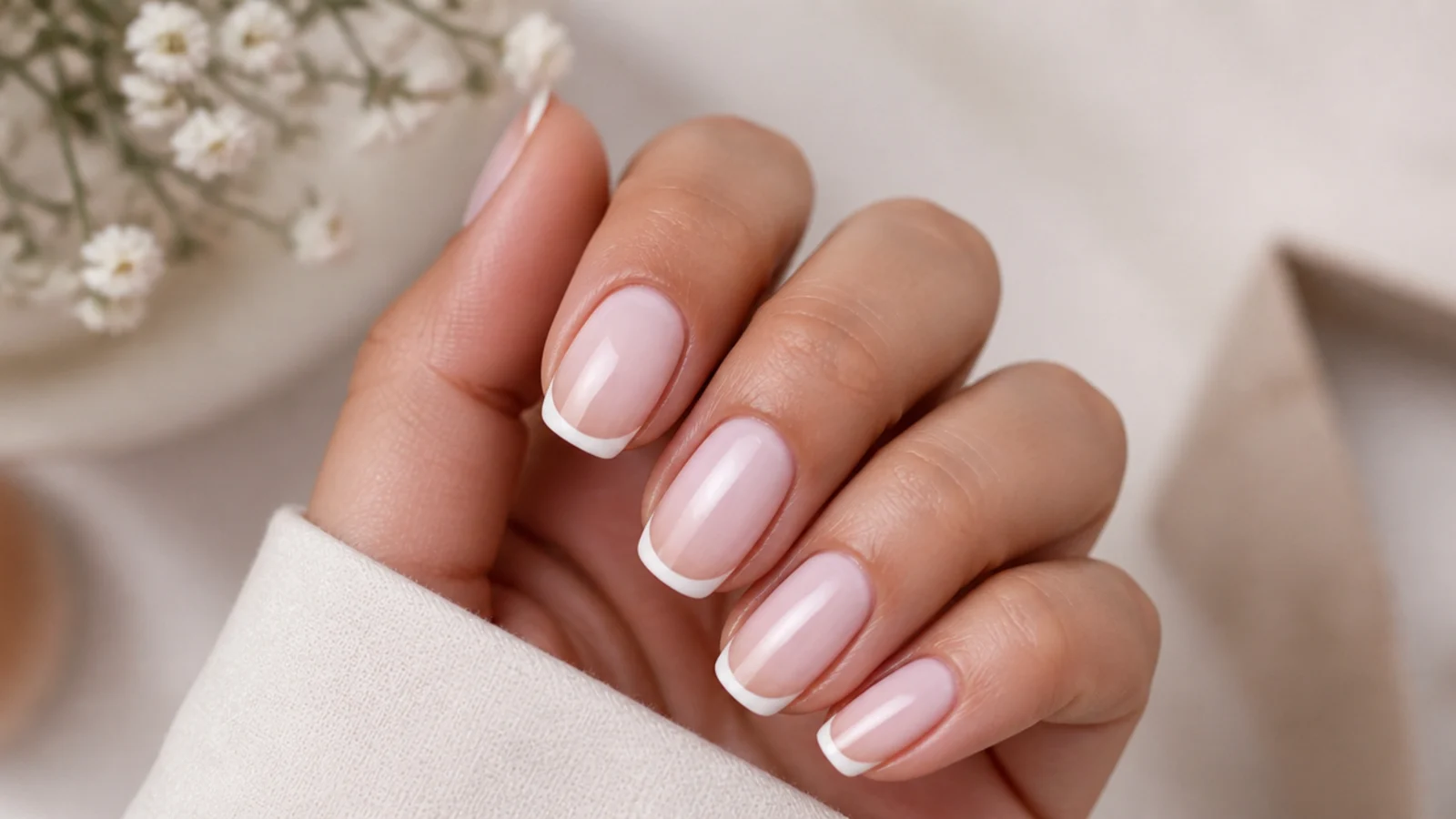 A sheer milky nude base coat applied to natural nails ready for white French tips