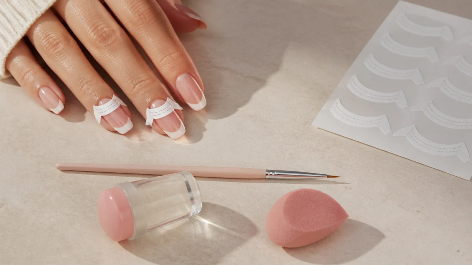 Guide stickers, a thin liner brush, a silicone stamper and a makeup sponge laid out for French tips