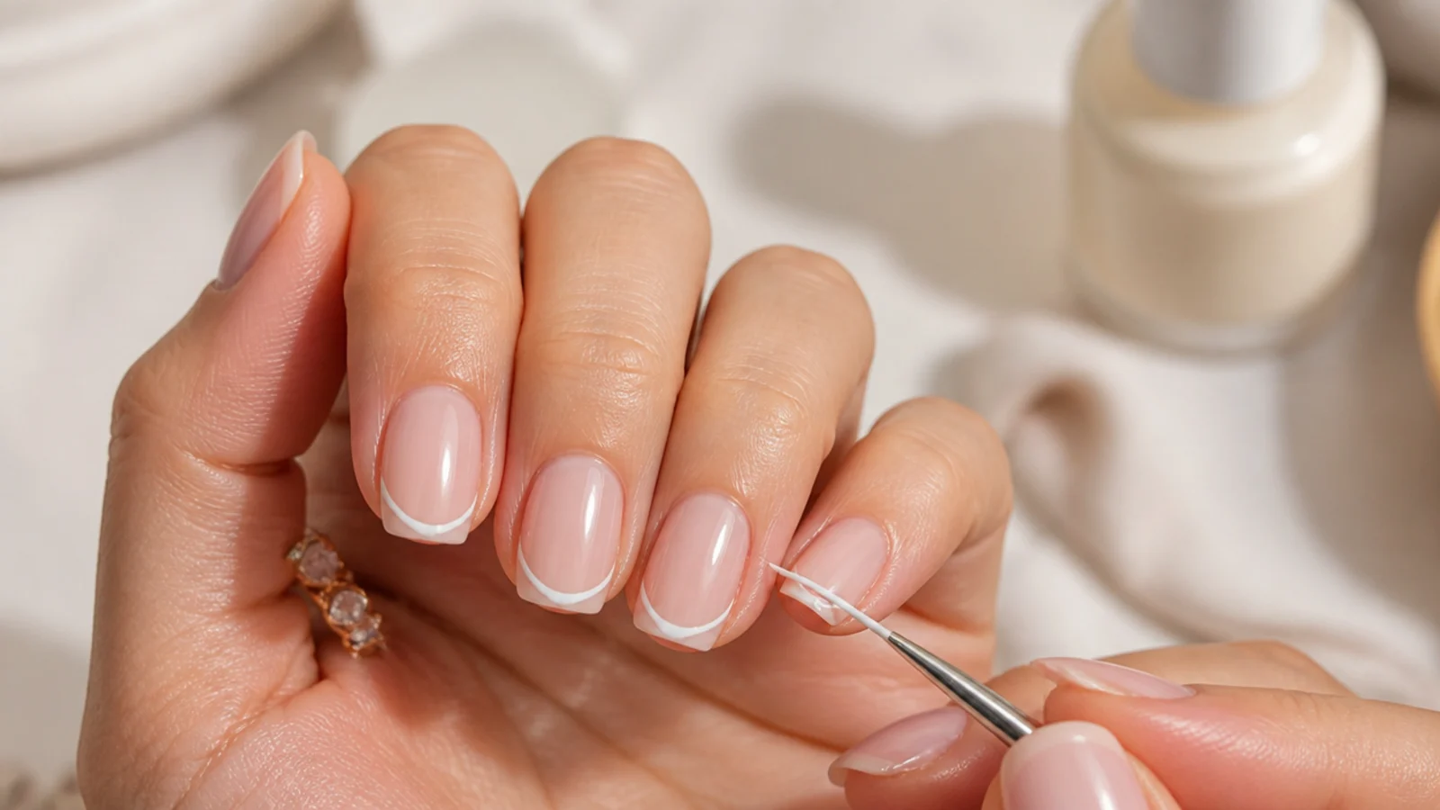 A liner brush pulling a thin white French tip line from the sidewall toward the center