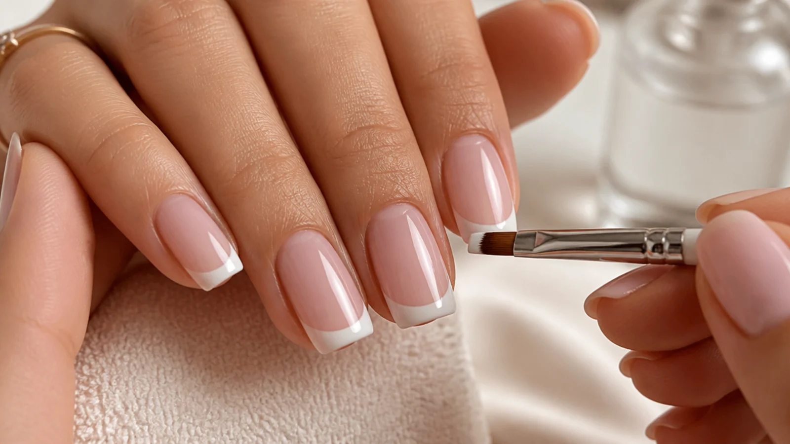 A flat angled cleanup brush dipped in alcohol sharpening the inside of a French tip smile line
