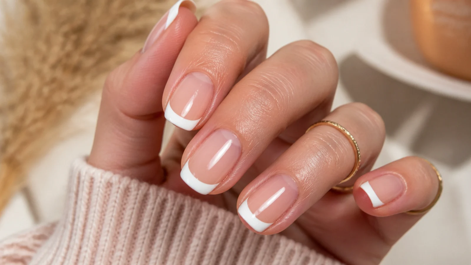 Glossy top coat sealing a finished white French tip and capping the free edge