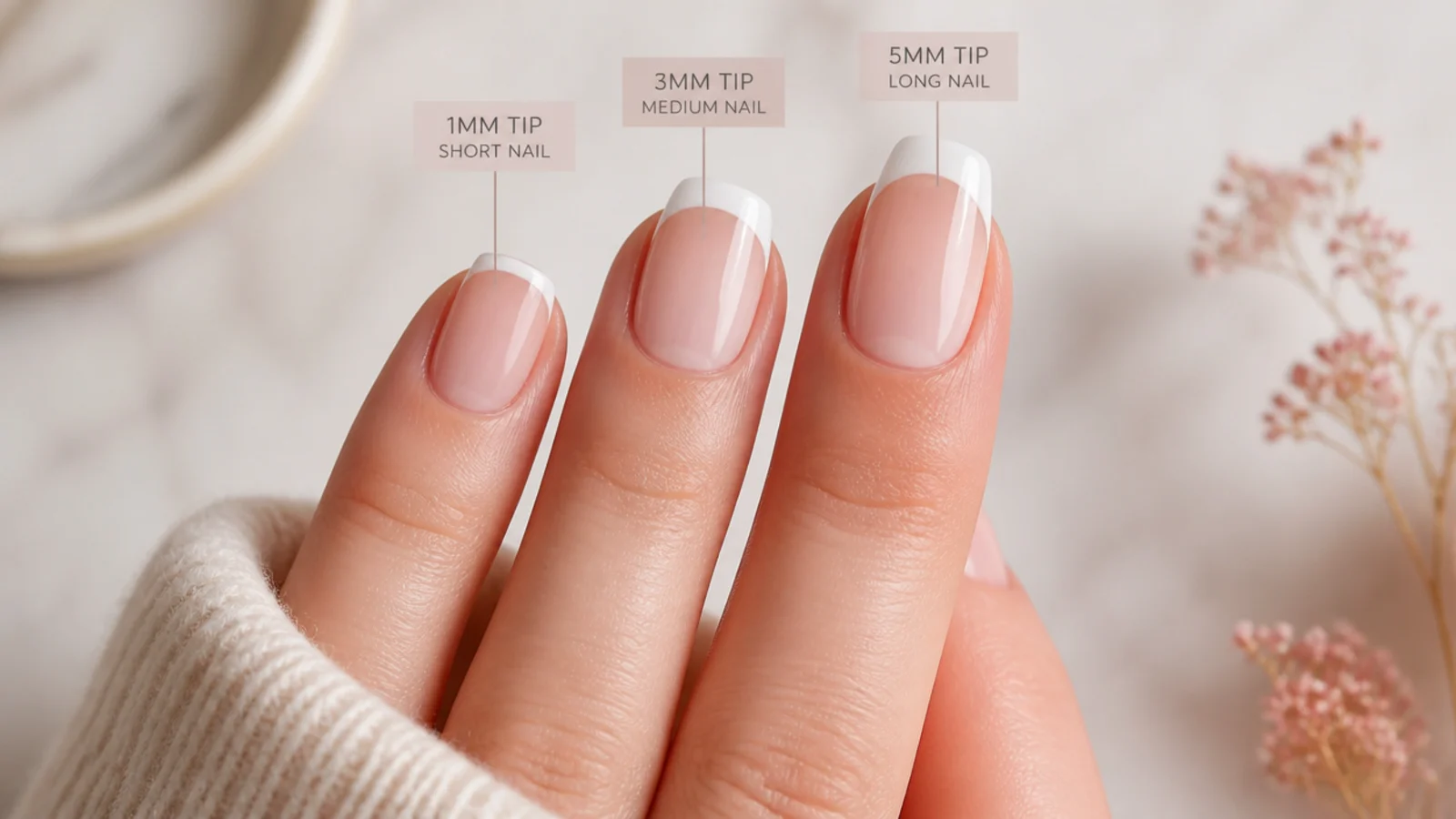 Three nails compared showing 1mm 3mm and 5mm French tip depth on short medium and long nails