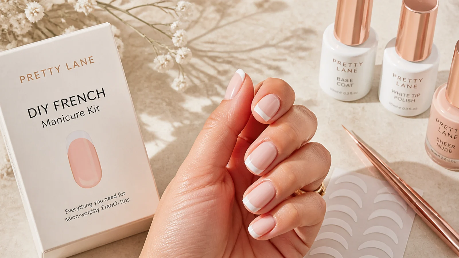 A DIY French manicure kit with white polish sheer nude base coat liner brush and guide stickers