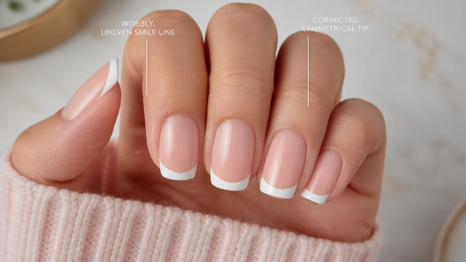 A wobbly uneven French tip smile line beside a corrected symmetrical white tip