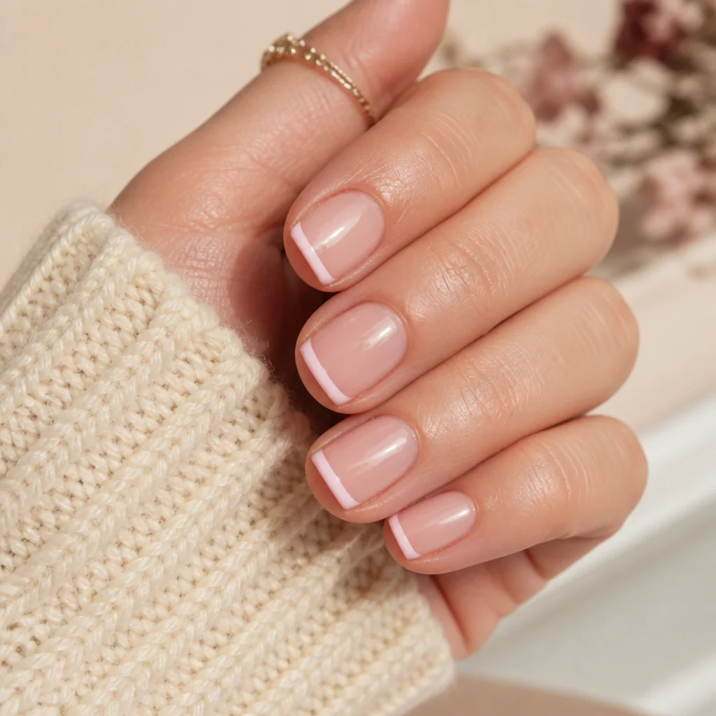 Short square nails with thin light pink French tips on a bare buffed nail
