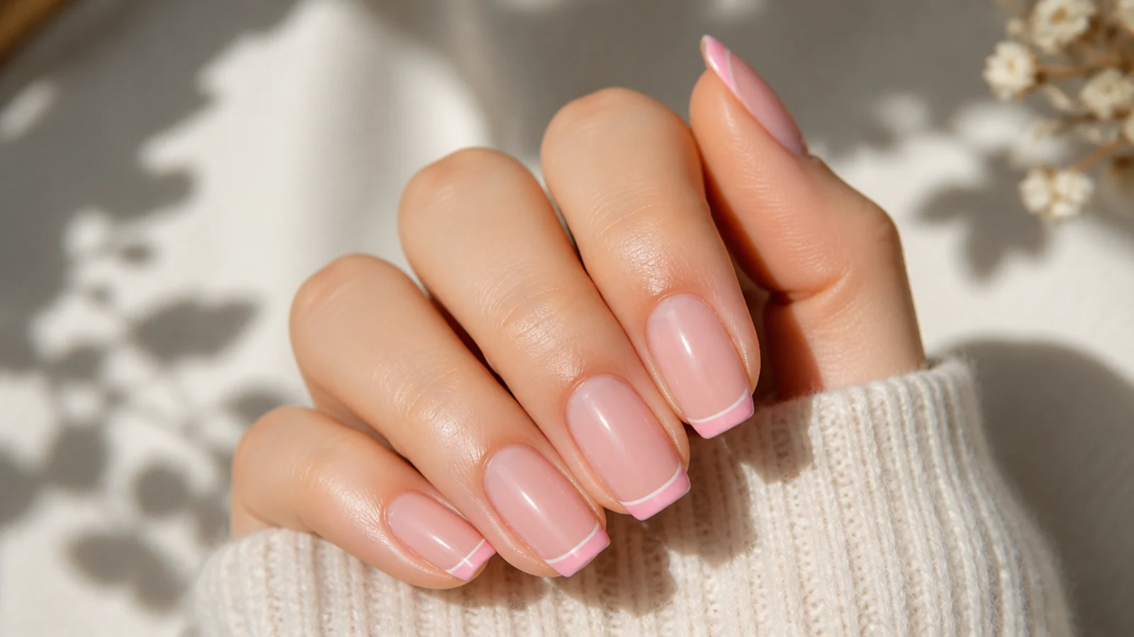 Sheer pink nails with a fine white line drawn under the pink French tip