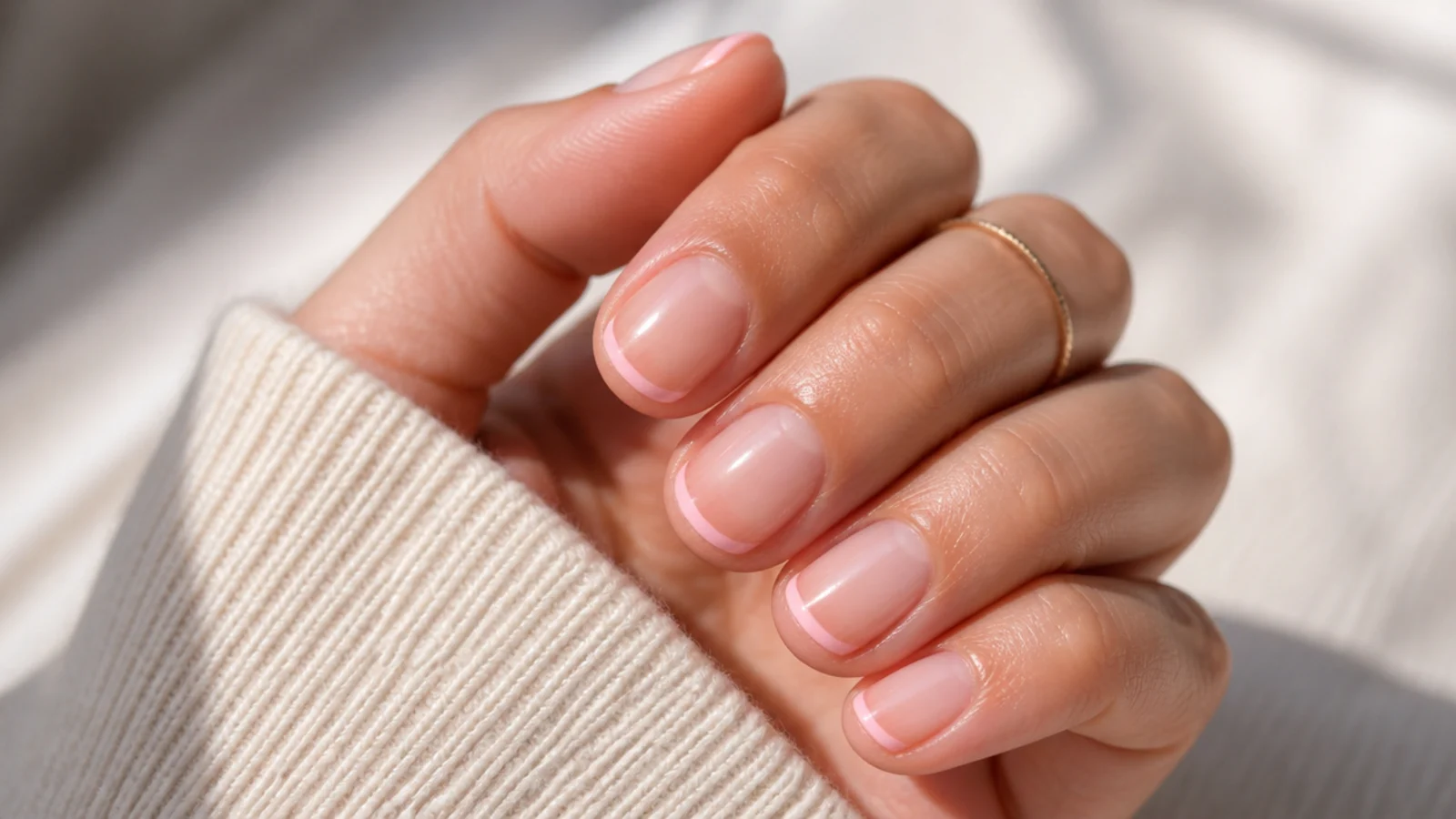 Short natural nails with a hairline baby pink micro French tip and bare nail beds