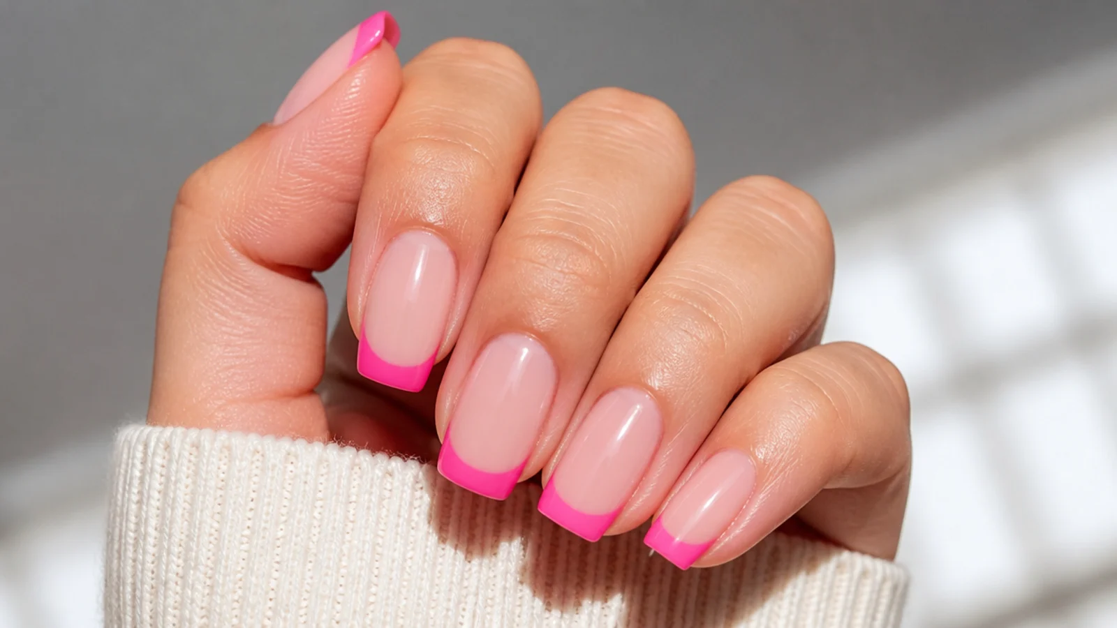 Medium square nails with bold hot pink French tips on a nude base