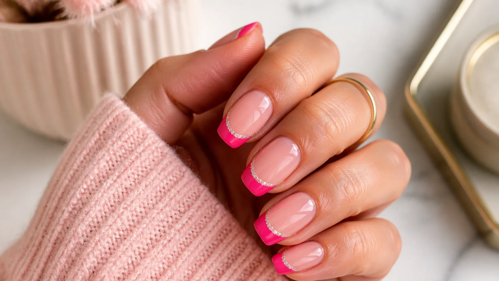 Hot pink French tips with fine silver glitter layered along the smile line