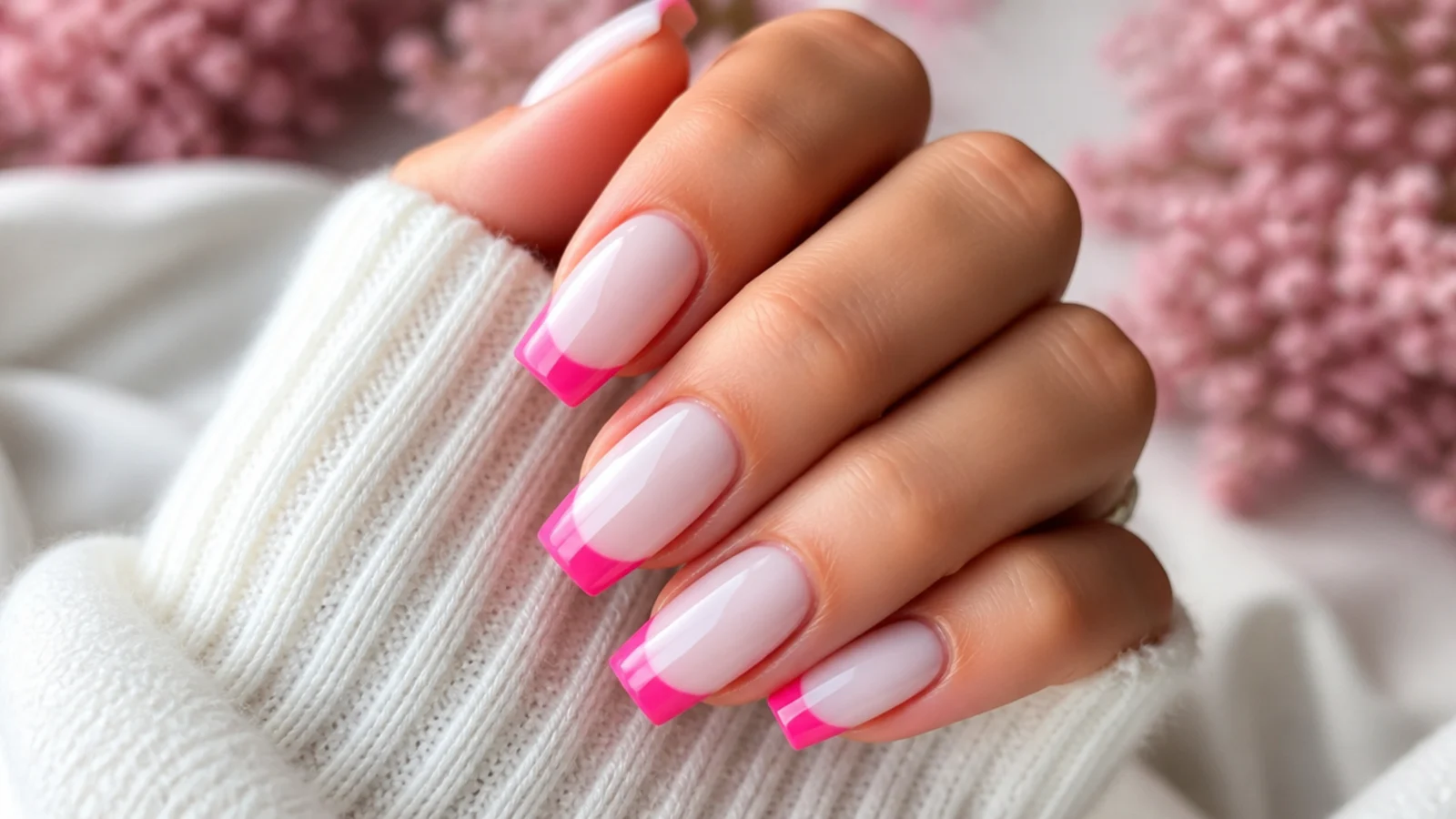 Long square nails with bright Barbie pink French tips on a milky white base