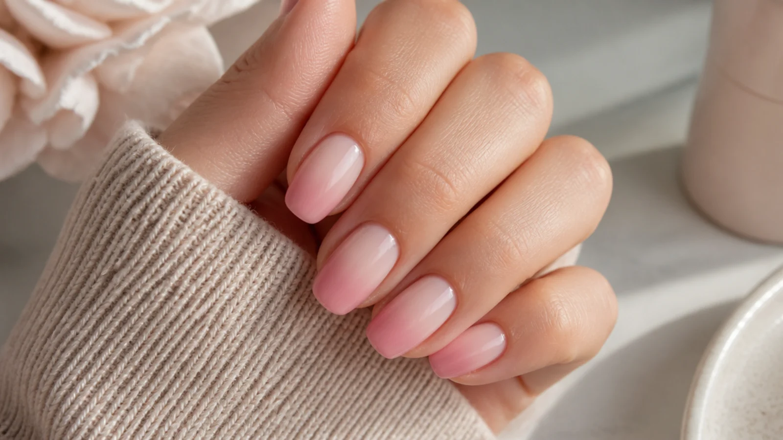Medium nails with a pink ombre French fading from soft pink tips into a nude base