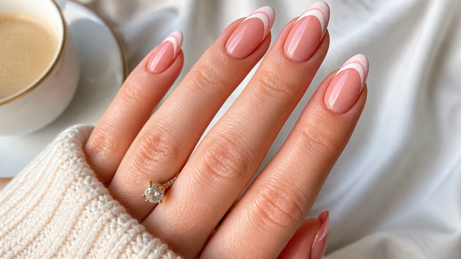 Almond nails with a double French tip in pink and white forming two curved bands